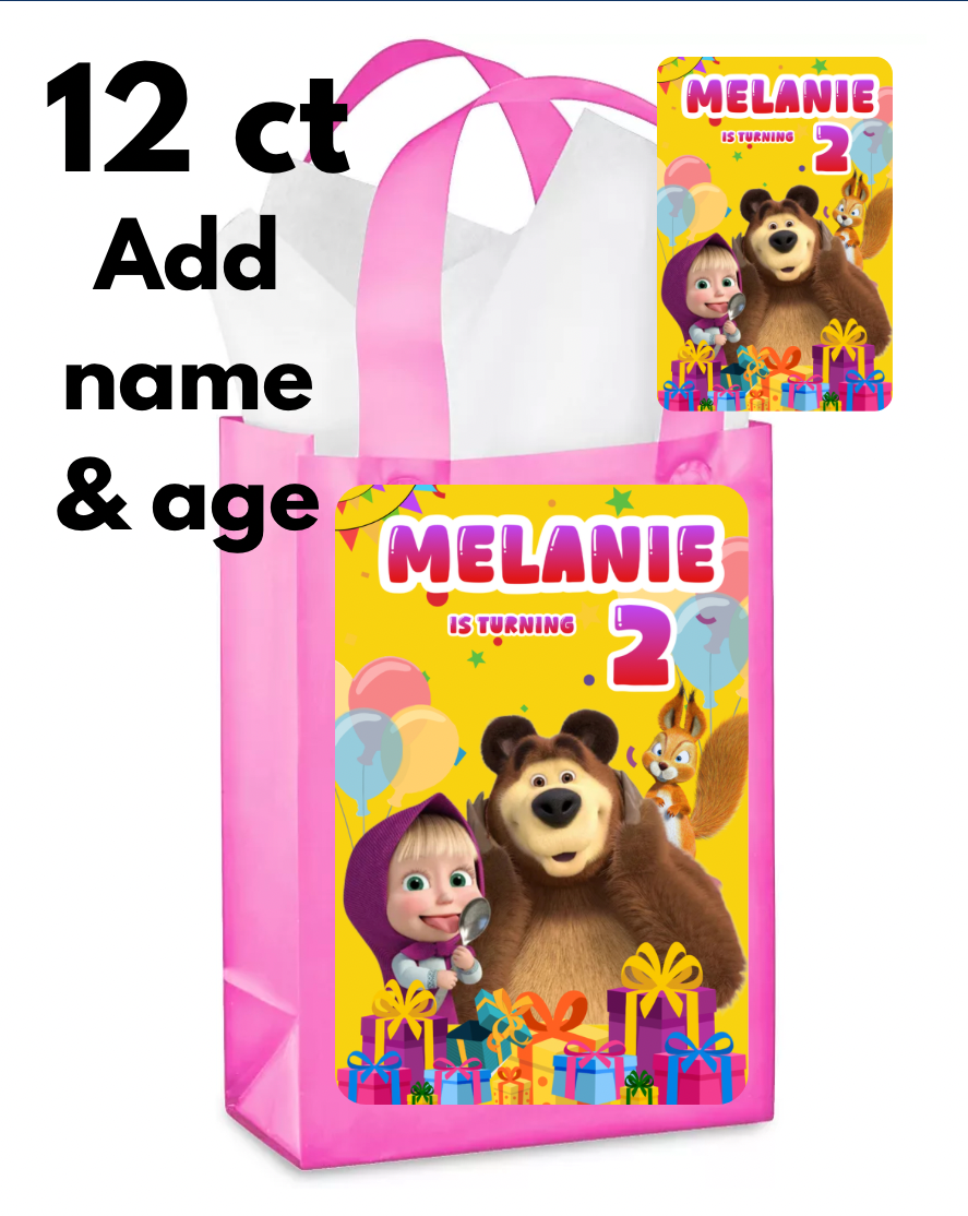 Custom Masha and bear happy birthday 12ct goodie bags